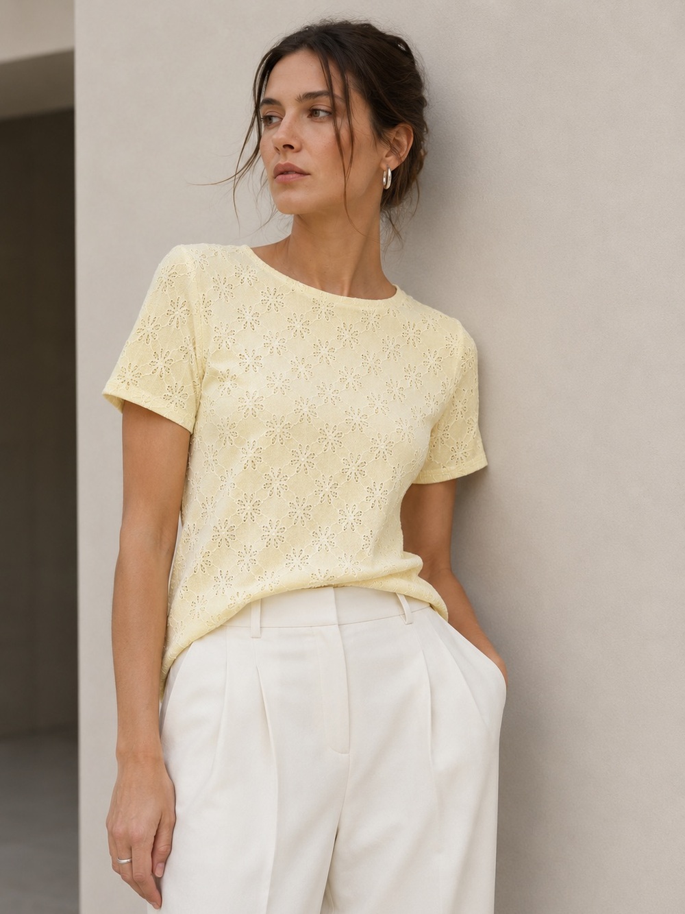 COVINGTON Petite Butter Yellow Floral Eyelet Lace Knit Top Medium Petite